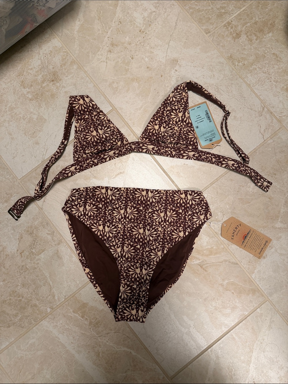 Faherty Brown and Cream Floral Print Triangle Bikini Set